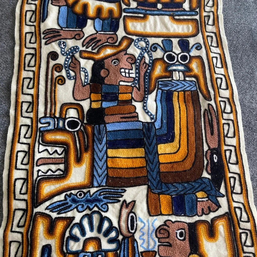 Vintage Peruvian Hand Embroidered Tapestry Incan Pre-Columbian‎ Folk Wall Art